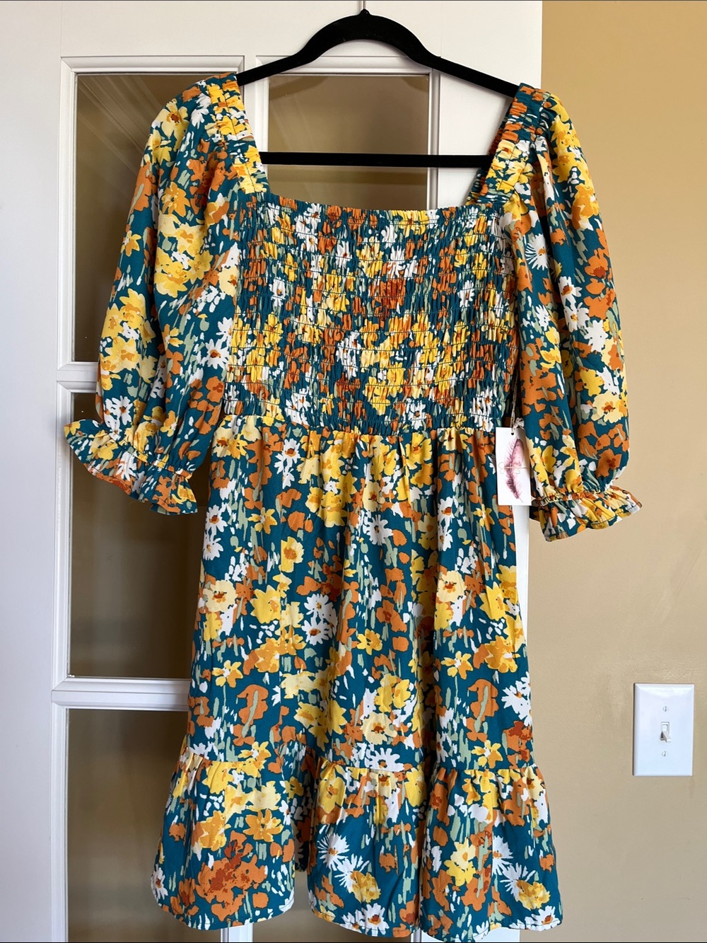 Smocked Square-Neck Floral Dress in Teal and Yellow, Jessica Simpson